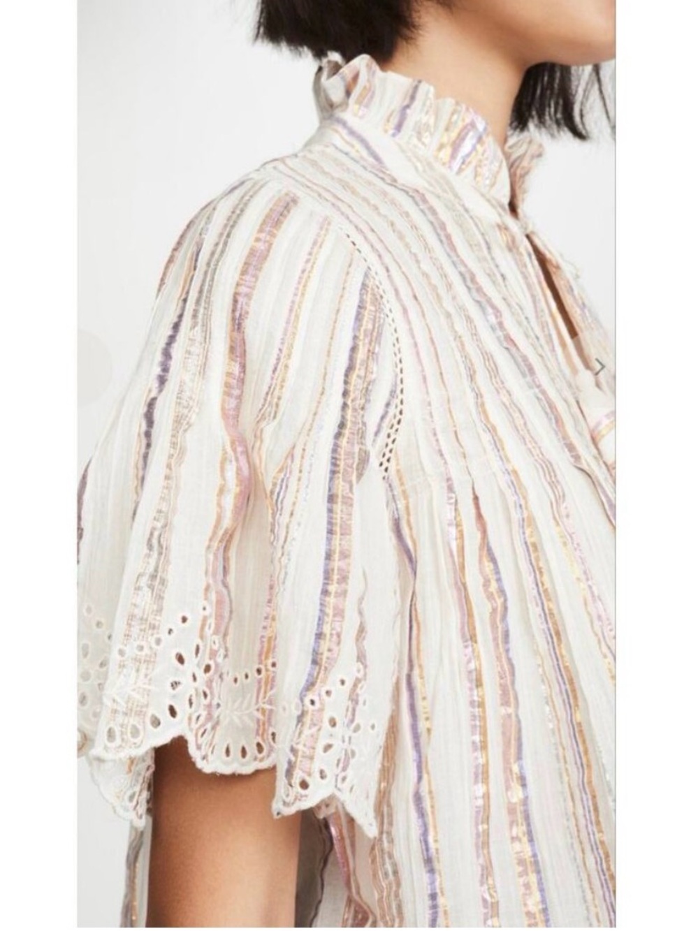 Sea New York White Multi-Striped Ruffle Collar Eyelet Sleeve Blouse